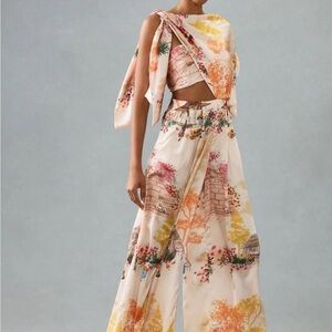 Anthropologie Cream Wide-Leg Pants with Yellow & Orange Floral Print